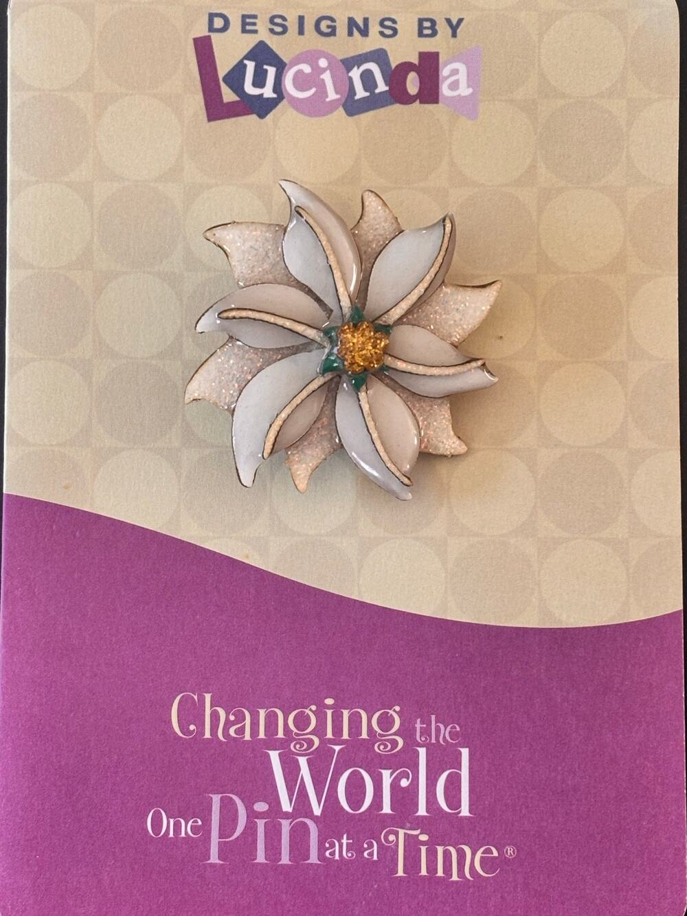 Vintage Designs by Lucinda Ivory Gold Pin Glitter Poinsettia Enamel Pin Card